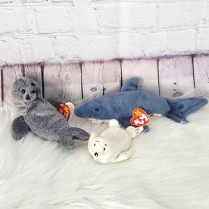 Vintage 90s TY Beanie Baby Bundle Sea Life Ocean Coastal Shark Plush Stuffed Toy